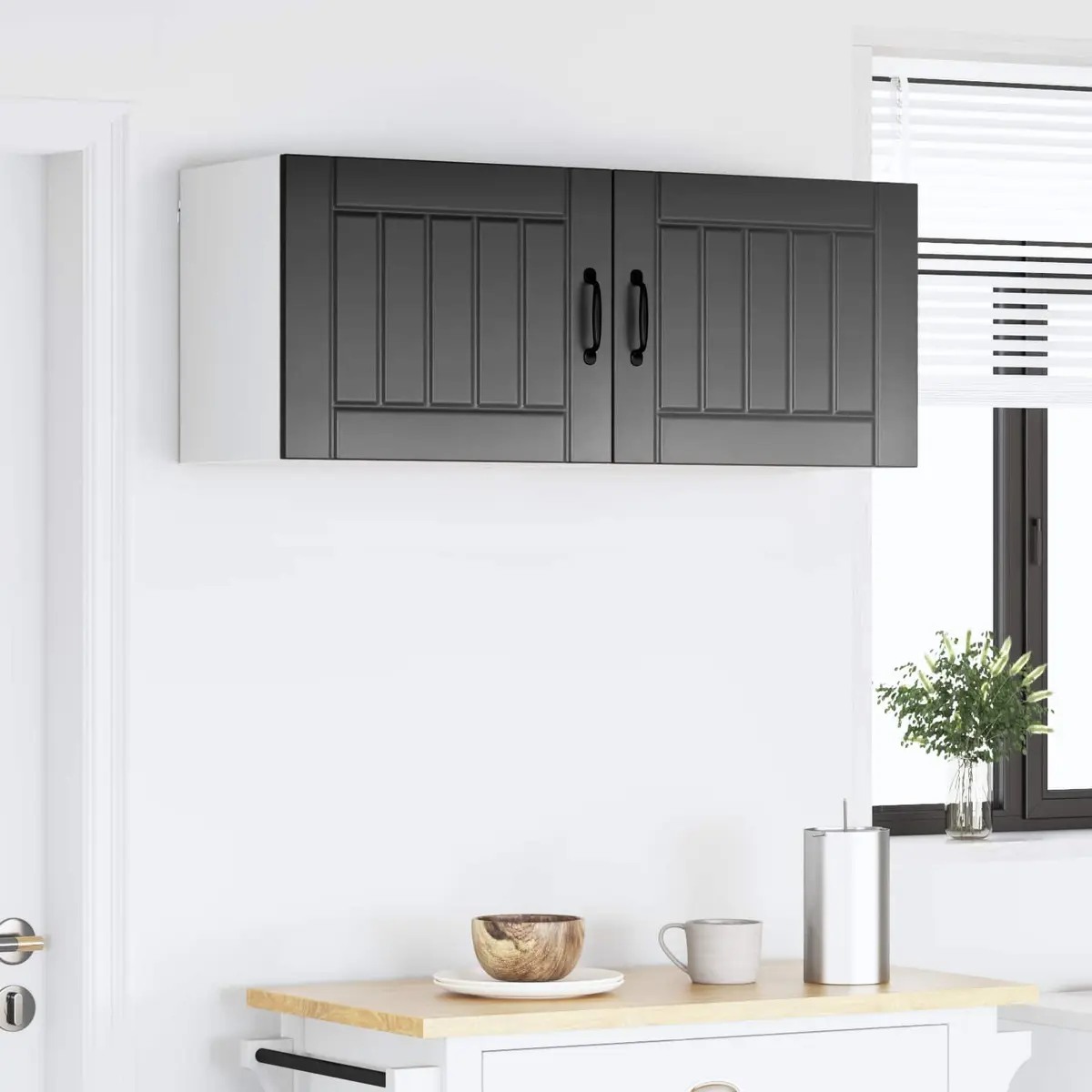 Black Wall Cabinets Set of 2 Engineered Wood Kitchen Storage 50x31x40cm