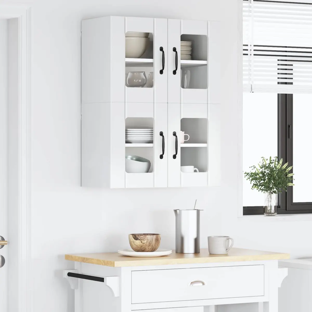 Wall Glass Cabinet High Gloss White 2 Pieces Kitchen Storage Furniture