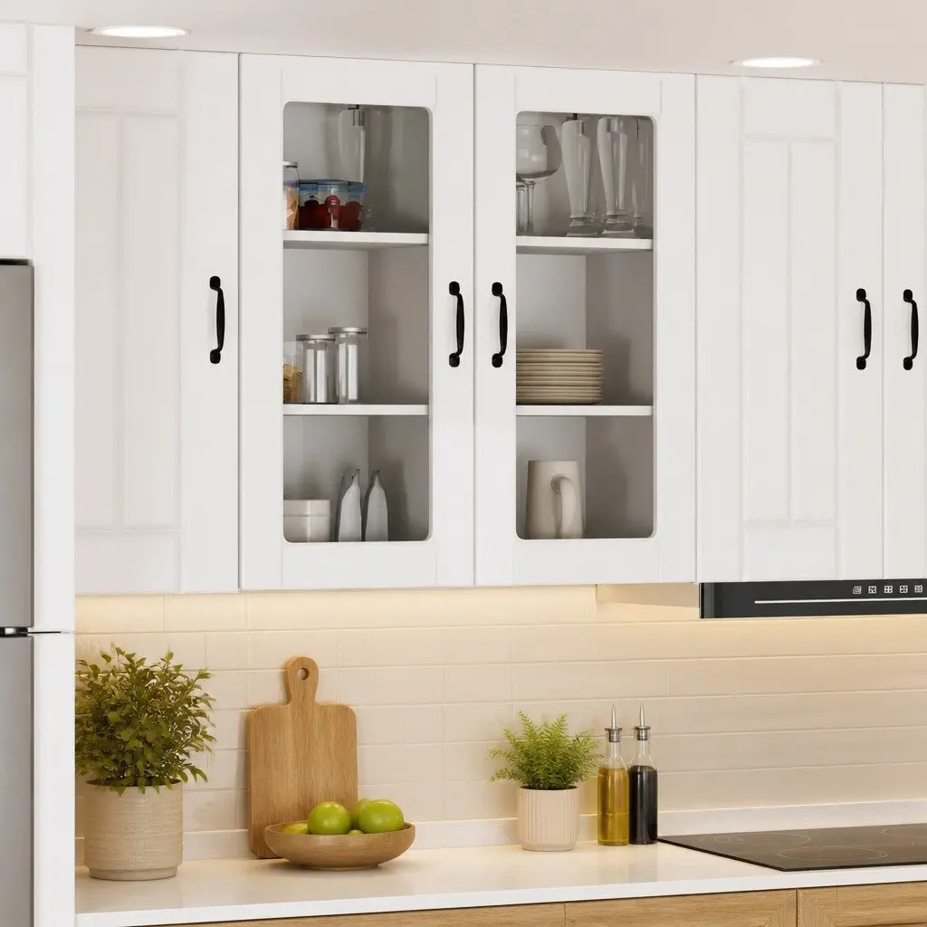 Wall Glass Cabinet 2 Pcs High Gloss White Kitchen Storage Shelving Unit