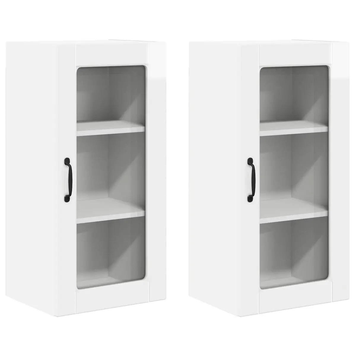 Wall Glass Cabinet 2 Pcs High Gloss White Kitchen Storage Shelving Unit