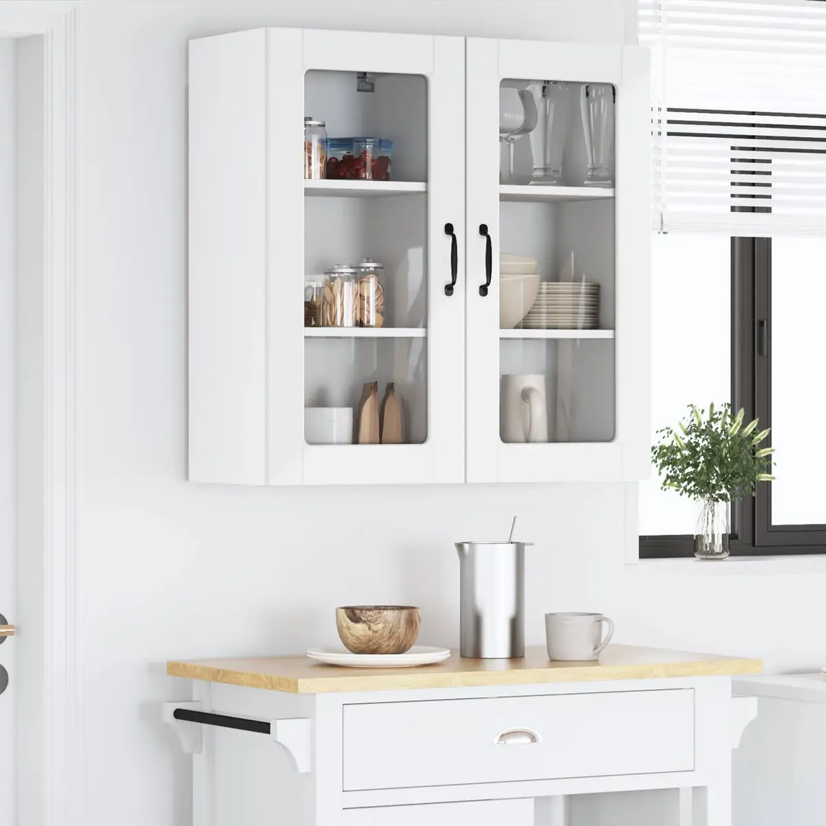Wall Glass Cabinet 2 Pcs High Gloss White Kitchen Storage Shelving Unit