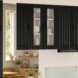 Wall Glass Cabinet Black Kitchen Storage Engineered Wood Modern Furniture