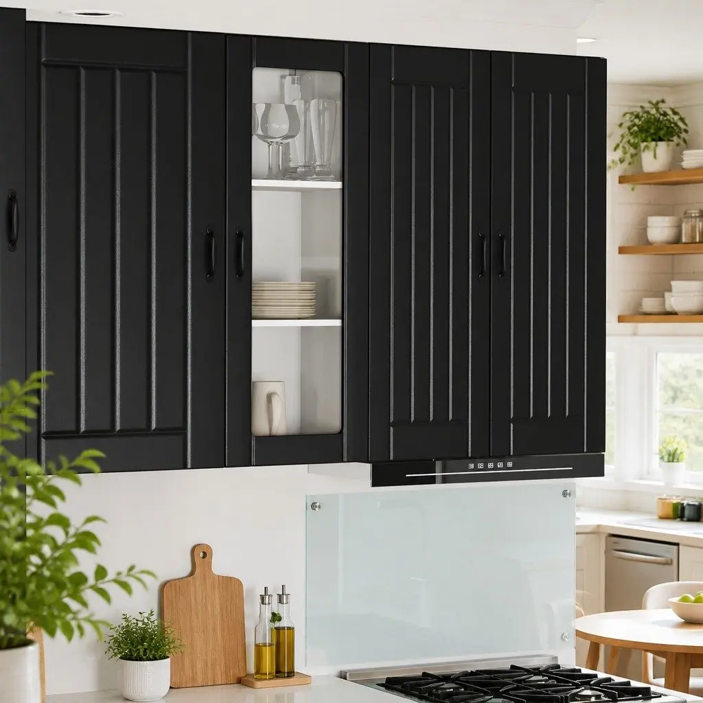 Wall Glass Cabinet Black Engineered Wood Rectangular Modern