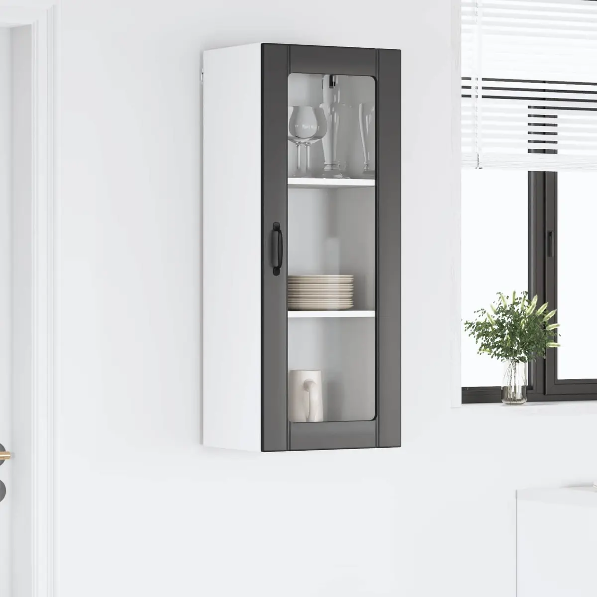 Wall Glass Cabinet Black Engineered Wood Rectangular Modern