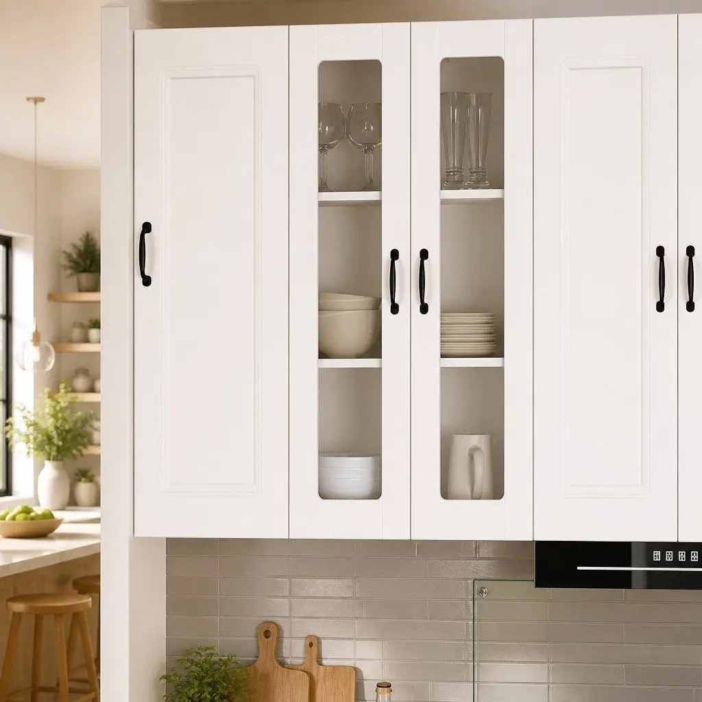 Kitchen Storage Cabinet Wall Mounted White 60cm Width 31cm Depth 100cm Height Engineered Wood Glass Front Display