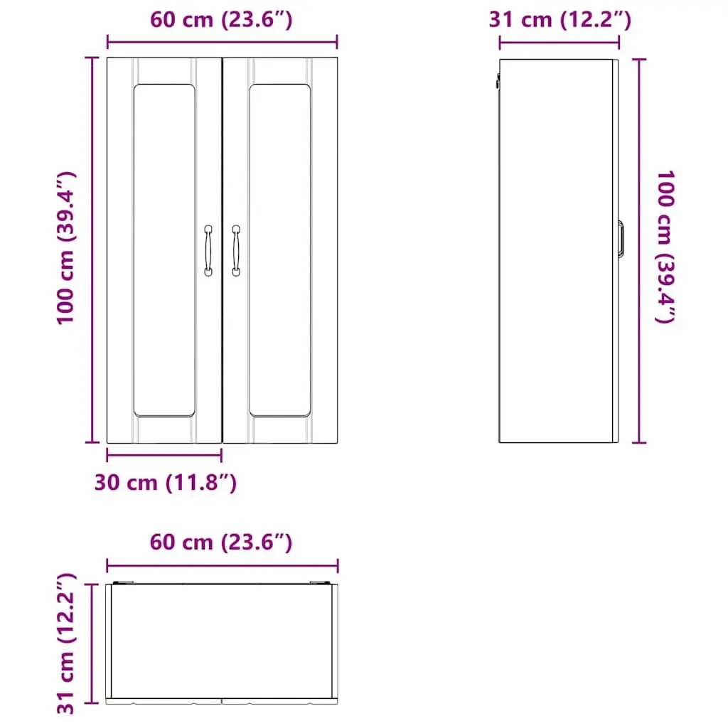 Kitchen Storage Cabinet Wall Mounted White 60cm Width 31cm Depth 100cm Height Engineered Wood Glass Front Display