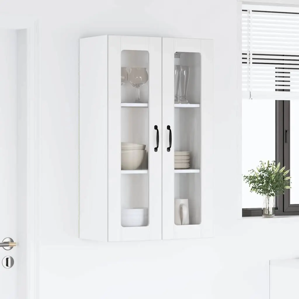 Kitchen Storage Cabinet Wall Mounted White 60cm Width 31cm Depth 100cm Height Engineered Wood Glass Front Display