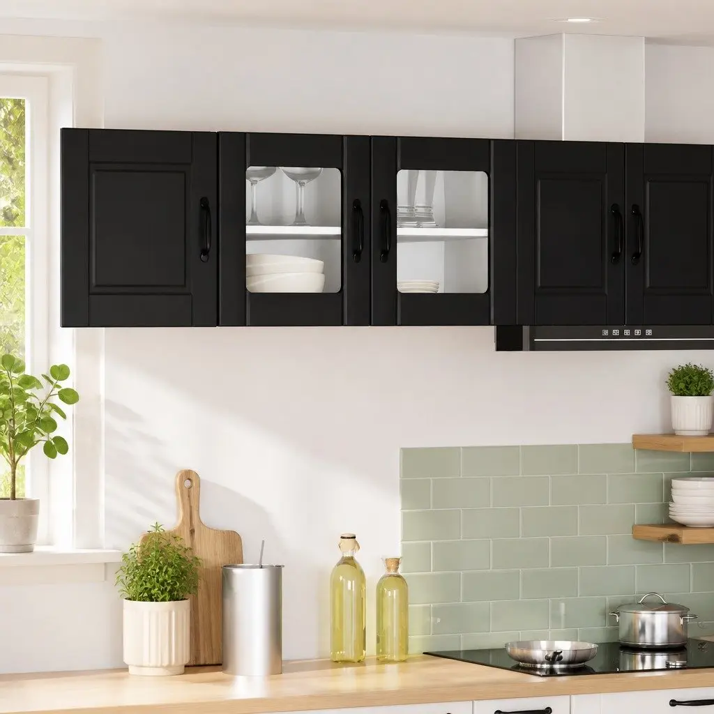 Wall Glass Cabinet Black Modern Engineered Wood 80x31x40cm