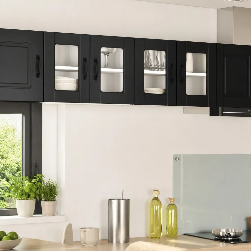 Wall Glass Cabinet Black Modern 60x31x40cm Kitchen Storage Organiser