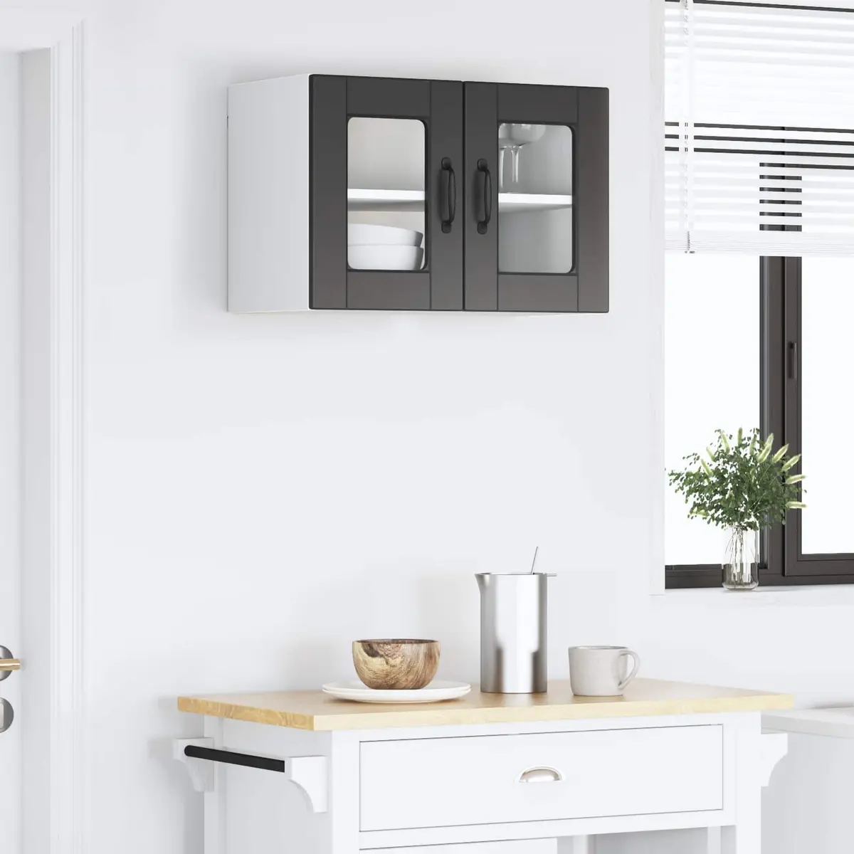 Wall Glass Cabinet Black Modern 60x31x40cm Kitchen Storage Organiser