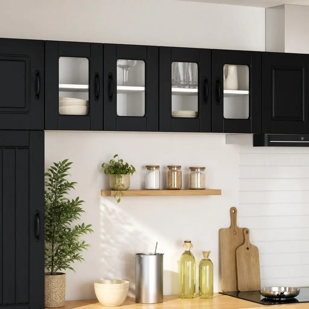 Wall Glass Cabinet Black Kitchen Storage 2 Piece 60 x 31 x 40 cm Modern Shelving