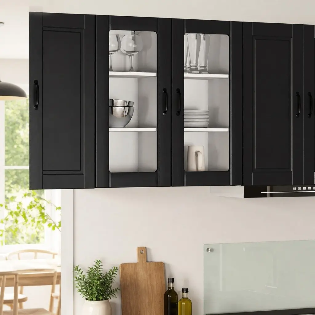 Wall Glass Cabinet Black Modern Kitchen Shelving Unit 40x31x80cm