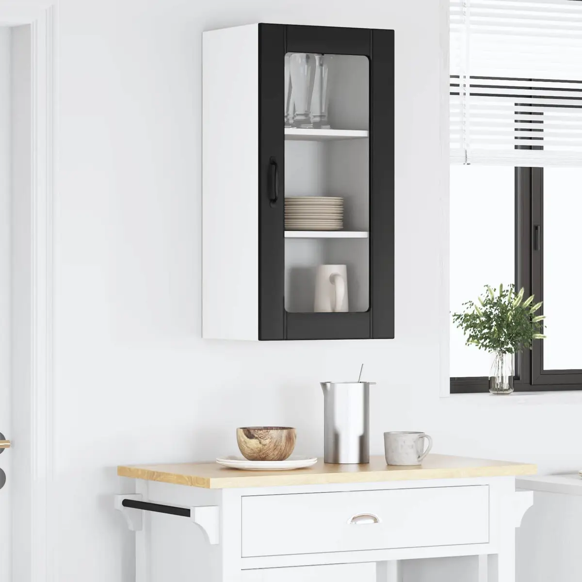 Wall Glass Cabinet Black Modern Kitchen Shelving Unit 40x31x80cm