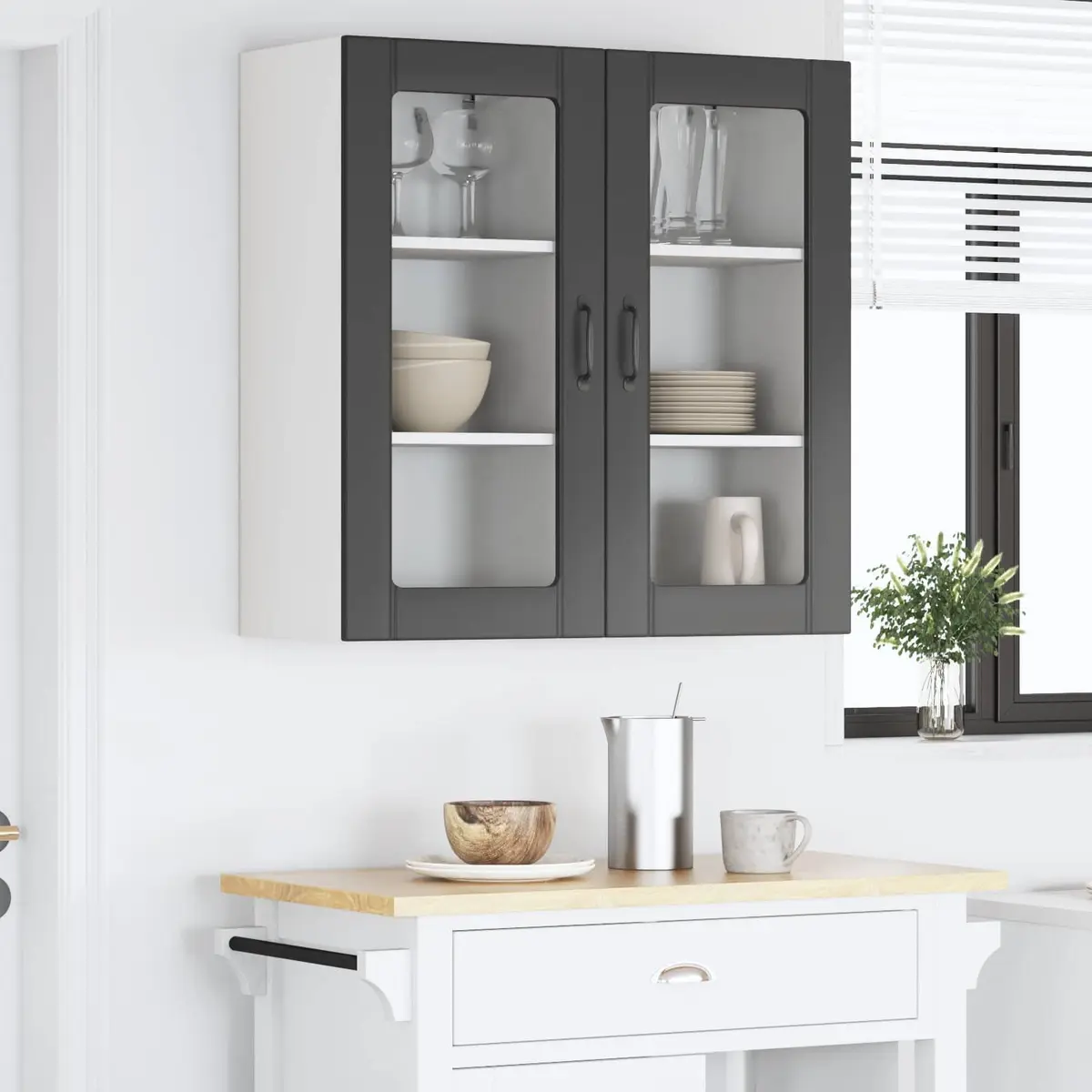 Wall Glass Cabinet 2 pcs Black Kitchen Storage Cupboard Wall Mounted Display