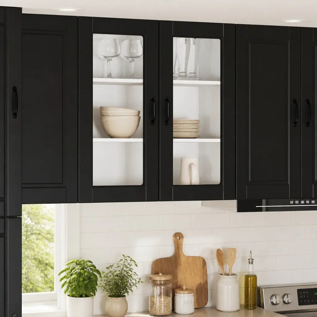 Wall Glass Cabinet Black Modern Kitchen Storage 80x31x80cm Engineered Wood
