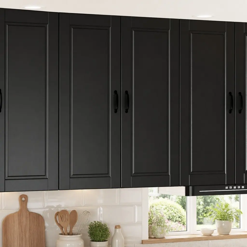 Wall Cabinet Kitchen Storage Black Engineered Wood Shelves Compartments