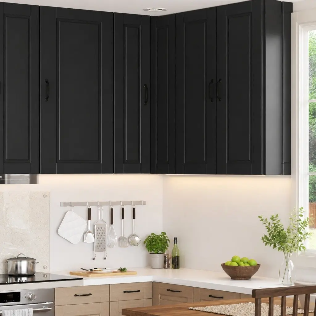 Black Wall-Mounted Corner Kitchen Cabinet with Storage Compartments 57x57x100cm