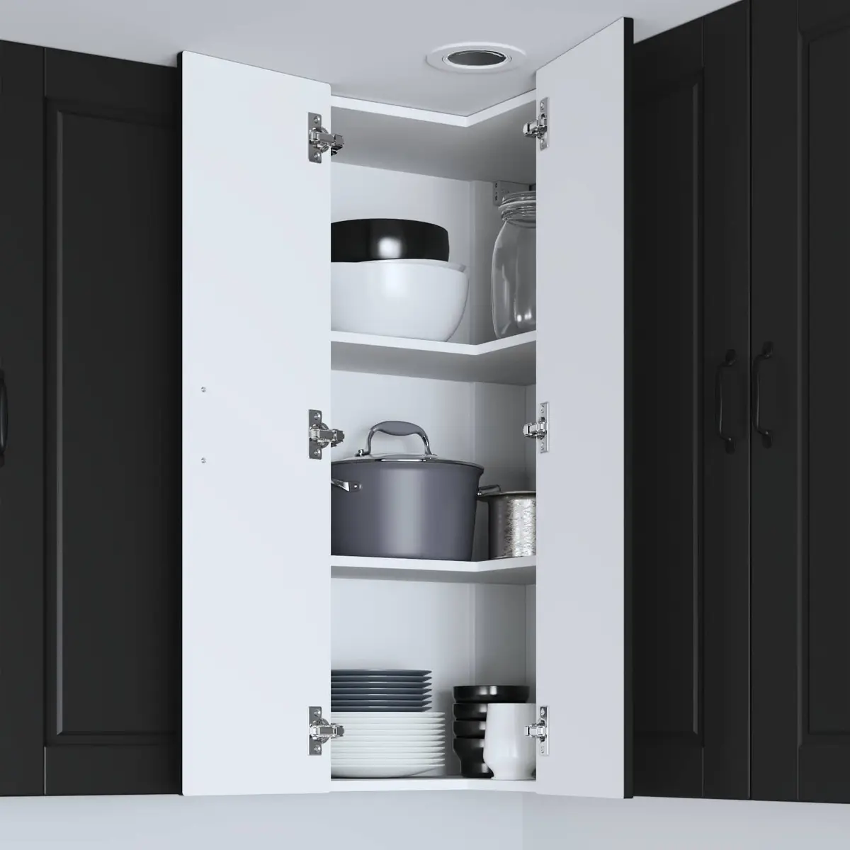 Black Wall-Mounted Corner Kitchen Cabinet with Storage Compartments 57x57x100cm