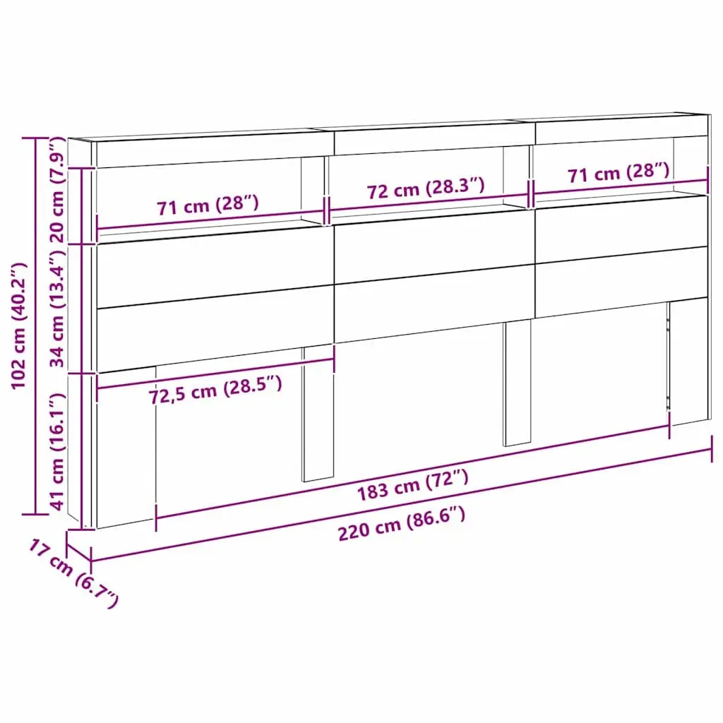 Headboard Engineered Wood Black Oak LED Light USB 220cm