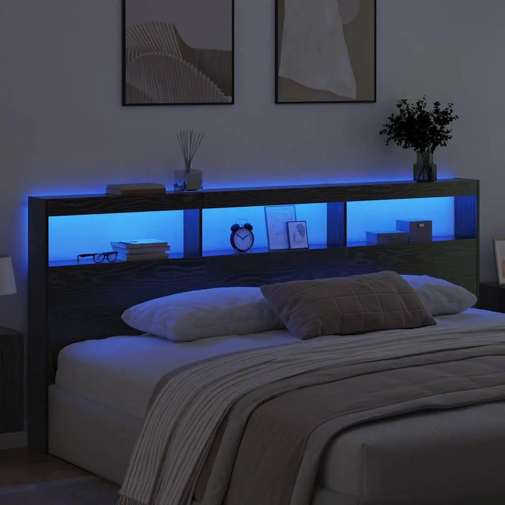 Headboard Engineered Wood Black Oak LED Light USB 220cm