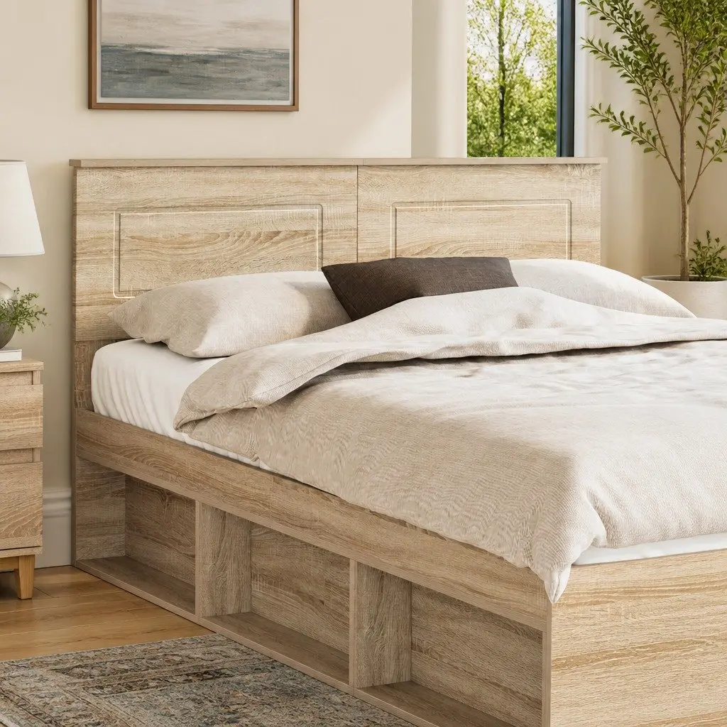 Rectangular Brown Headboard Engineered Wood Bedroom Furniture