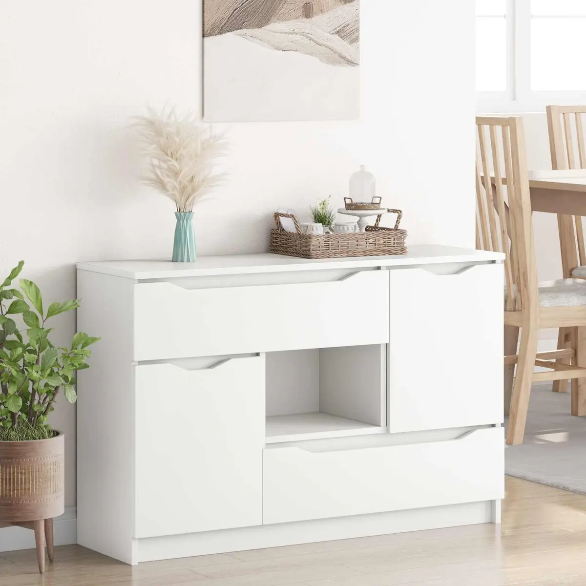 White Sideboard Storage Cabinet Living Room Dining Buffet Modern Rectangular