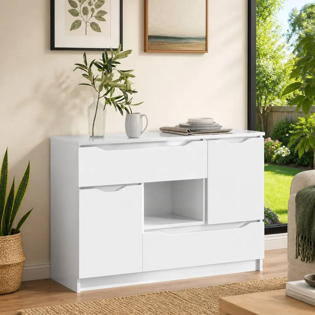 Sideboard High Gloss White Modern Storage Cabinet 100W x 30D x 65.6H cm
