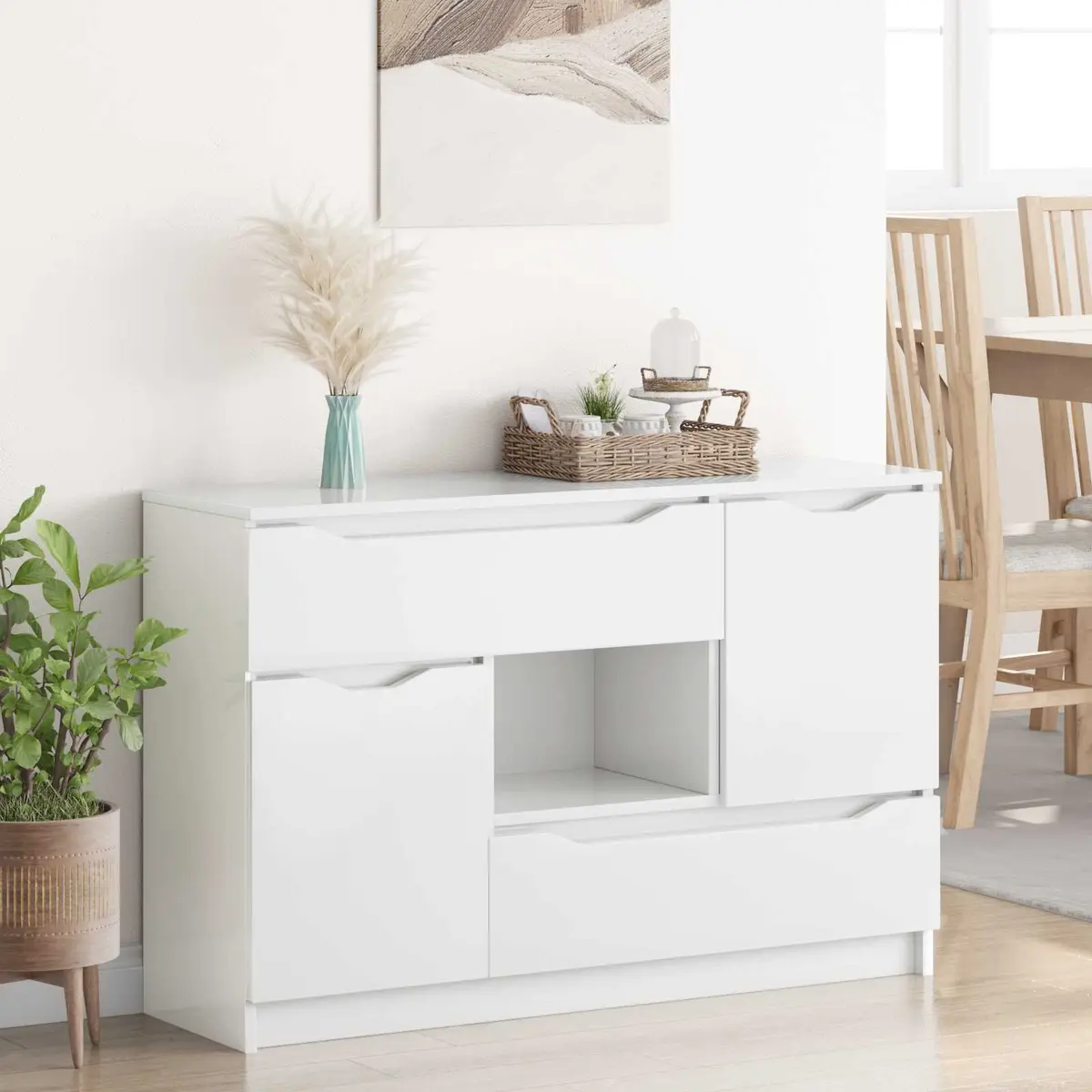 Sideboard High Gloss White Modern Storage Cabinet 100W x 30D x 65.6H cm