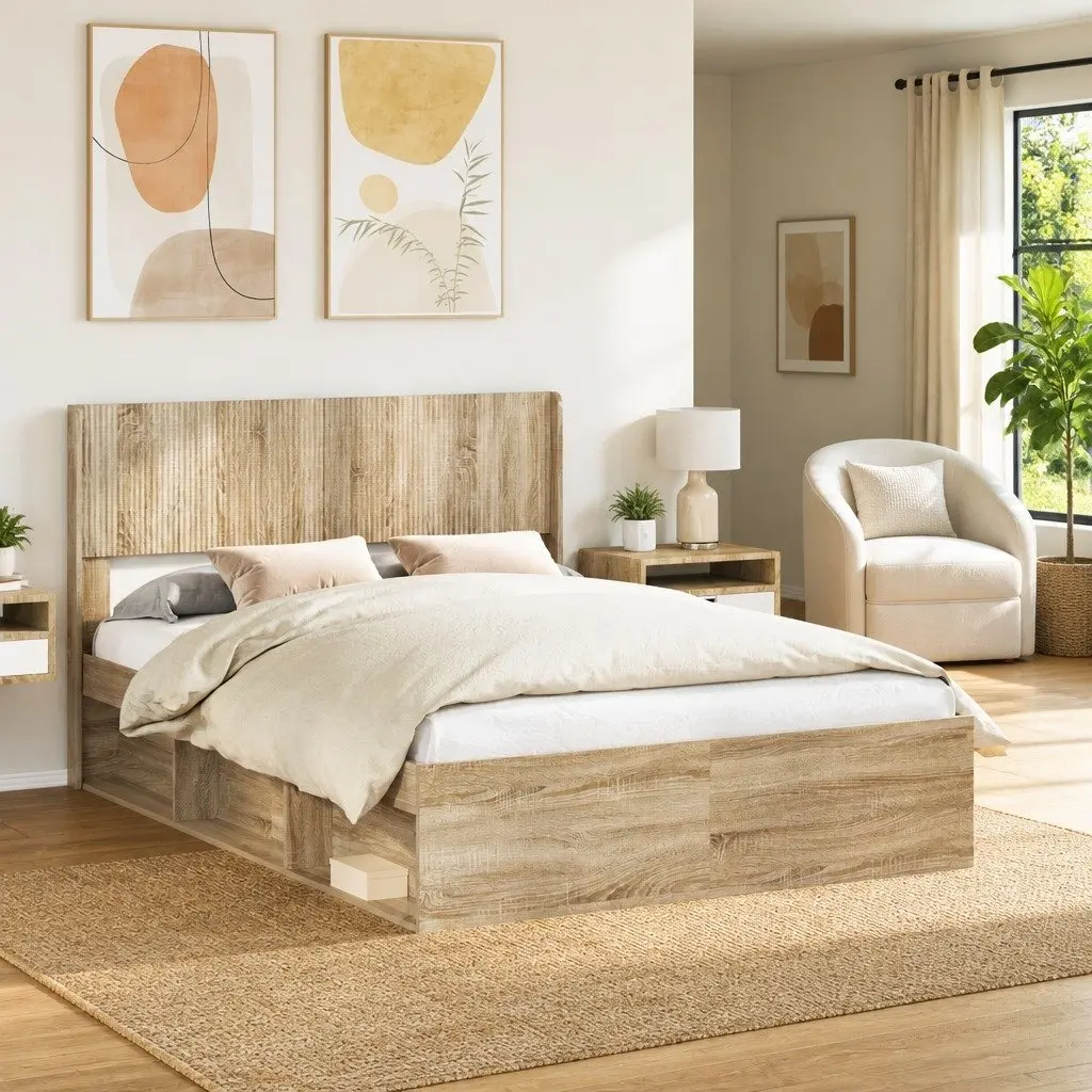 Headboard Sonoma Oak Brown Engineered Wood Vertical Slat Design Bedroom