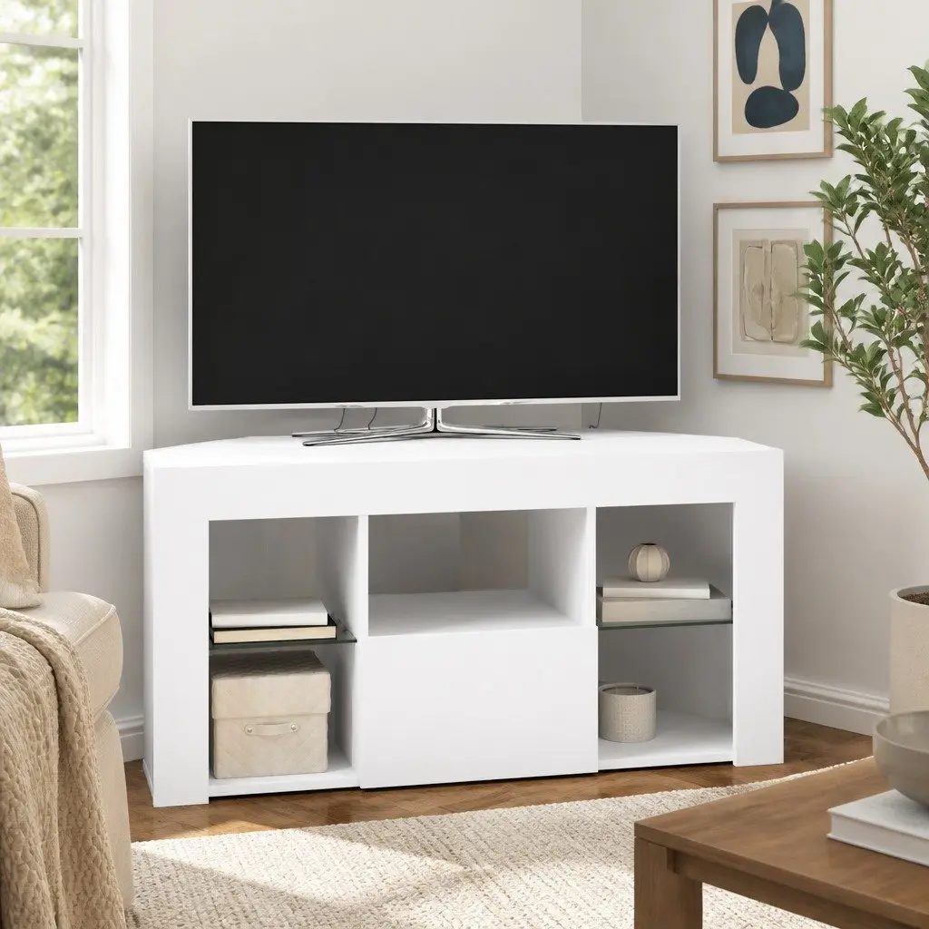 Corner LED TV Cabinet White Modern Living Room Storage Unit Wall Mounted