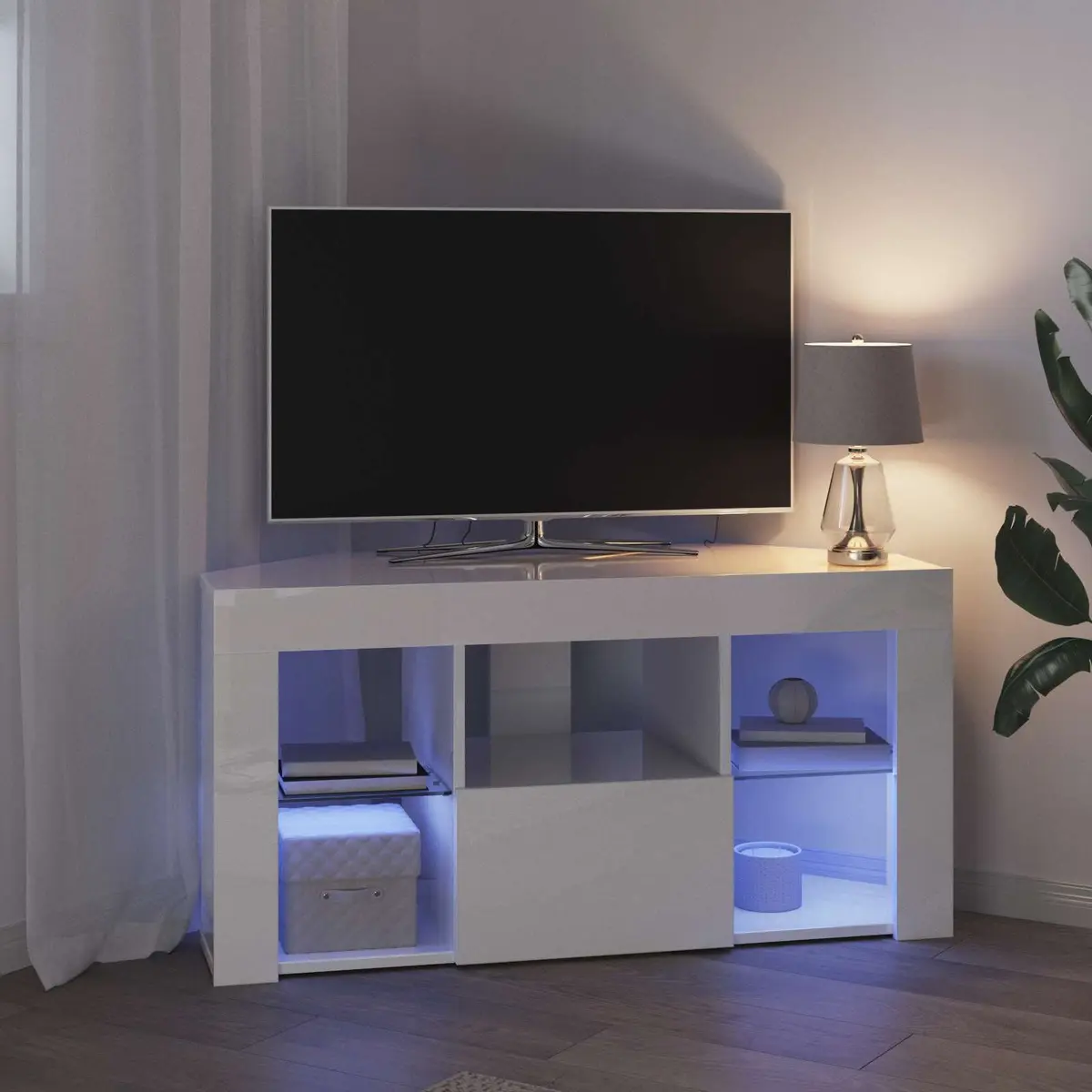 Corner LED TV Cabinet High Gloss White Modern Living Room Media Storage Unit