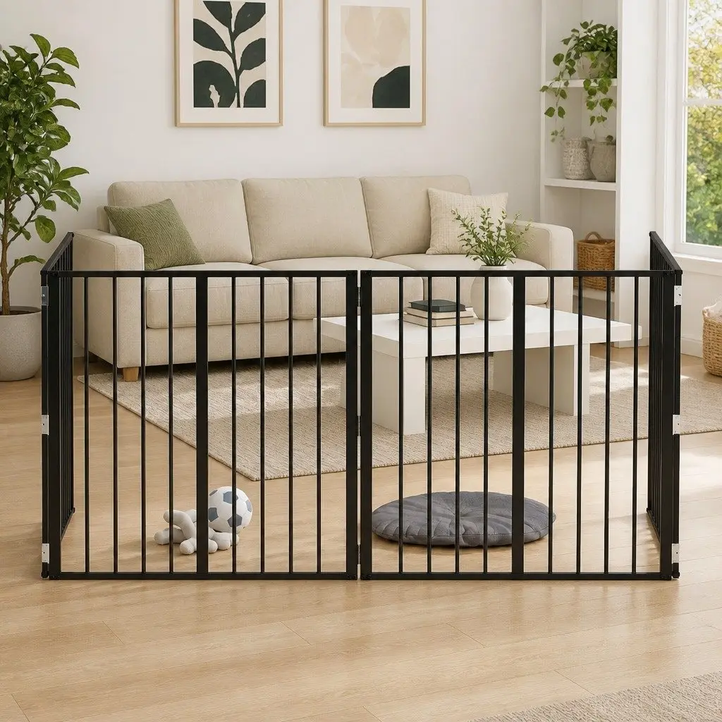 Dog Gate 4 Piece Black Galvanised Steel Pet Fence Panel 80 x 80 cm