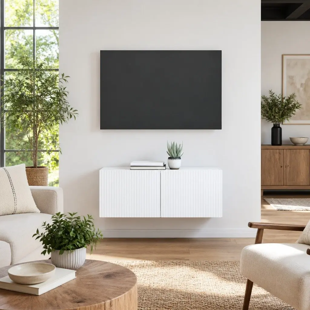 TV Wall Cabinet Modern Storage Unit White 2 Piece