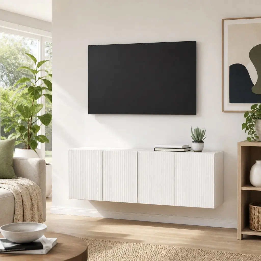 White TV Wall Cabinet 2 pcs Floating Wall Mounted Storage Unit Engineered Wood