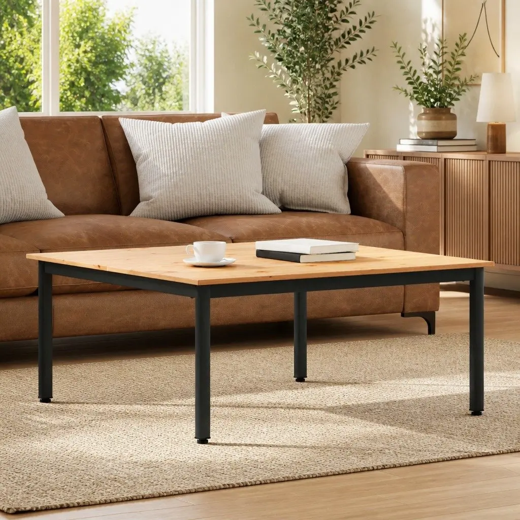 Coffee Table Modern Design Solid Pine Wood Top Square Metal Legs Brown