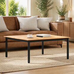 Coffee Table Modern Design Solid Pine Wood Top Square Metal Legs Brown