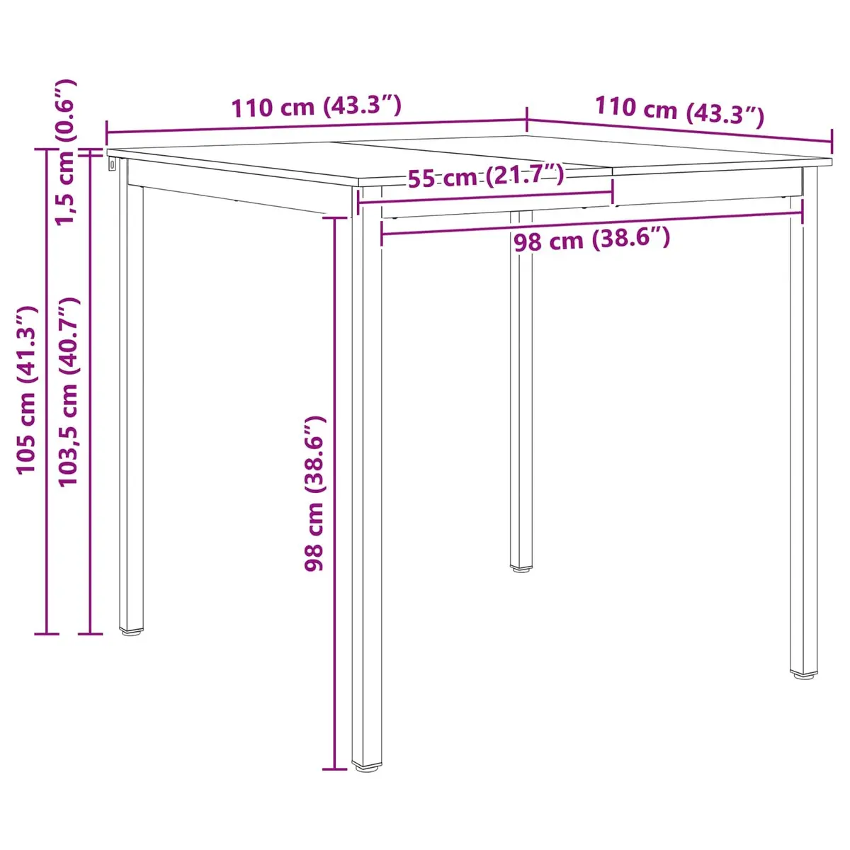 Bar Table Kitchen Dining Room Solid Pine Wood Metal Legs H-Shaped Support 110cm