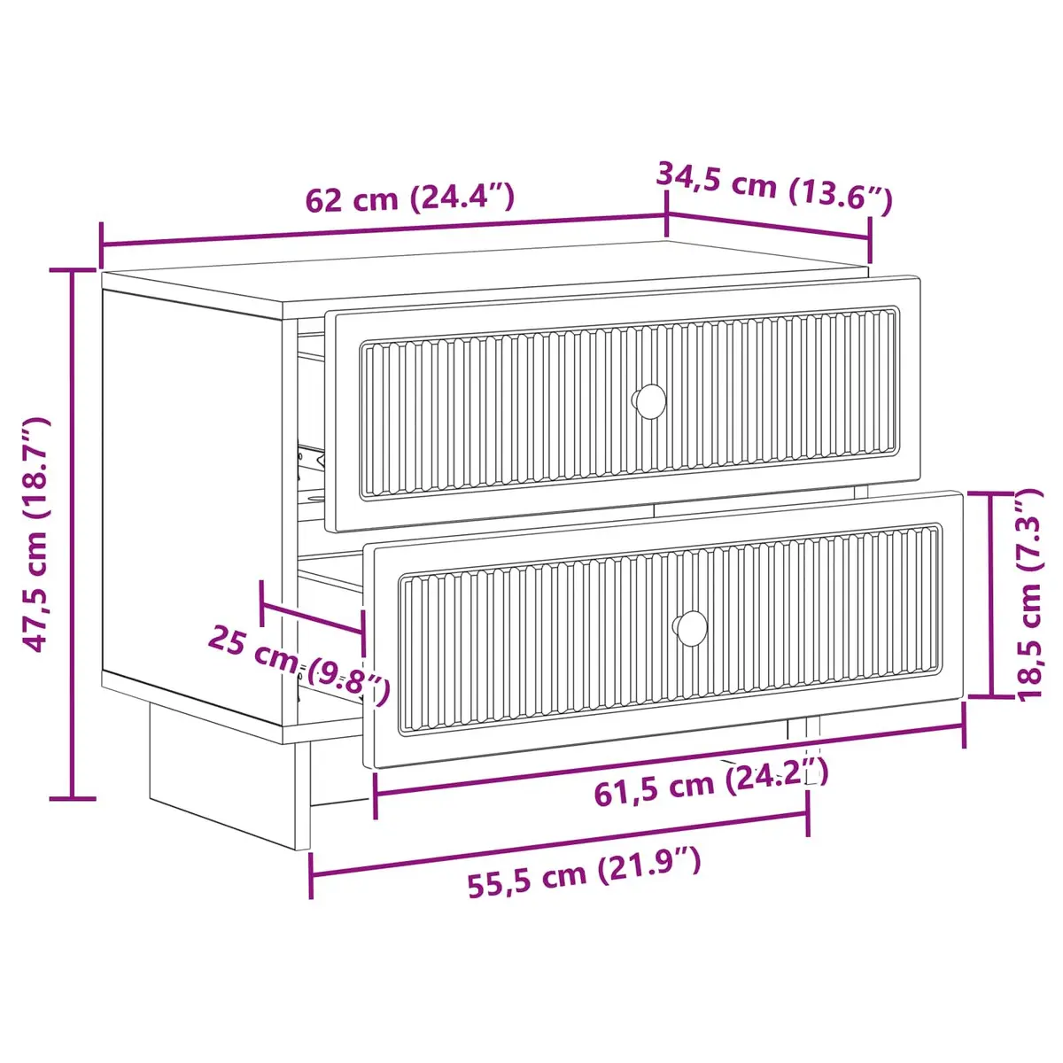 Bedside Cabinet Vintage Modern White Storage Table 62 x 34.5 x 47.5 cm