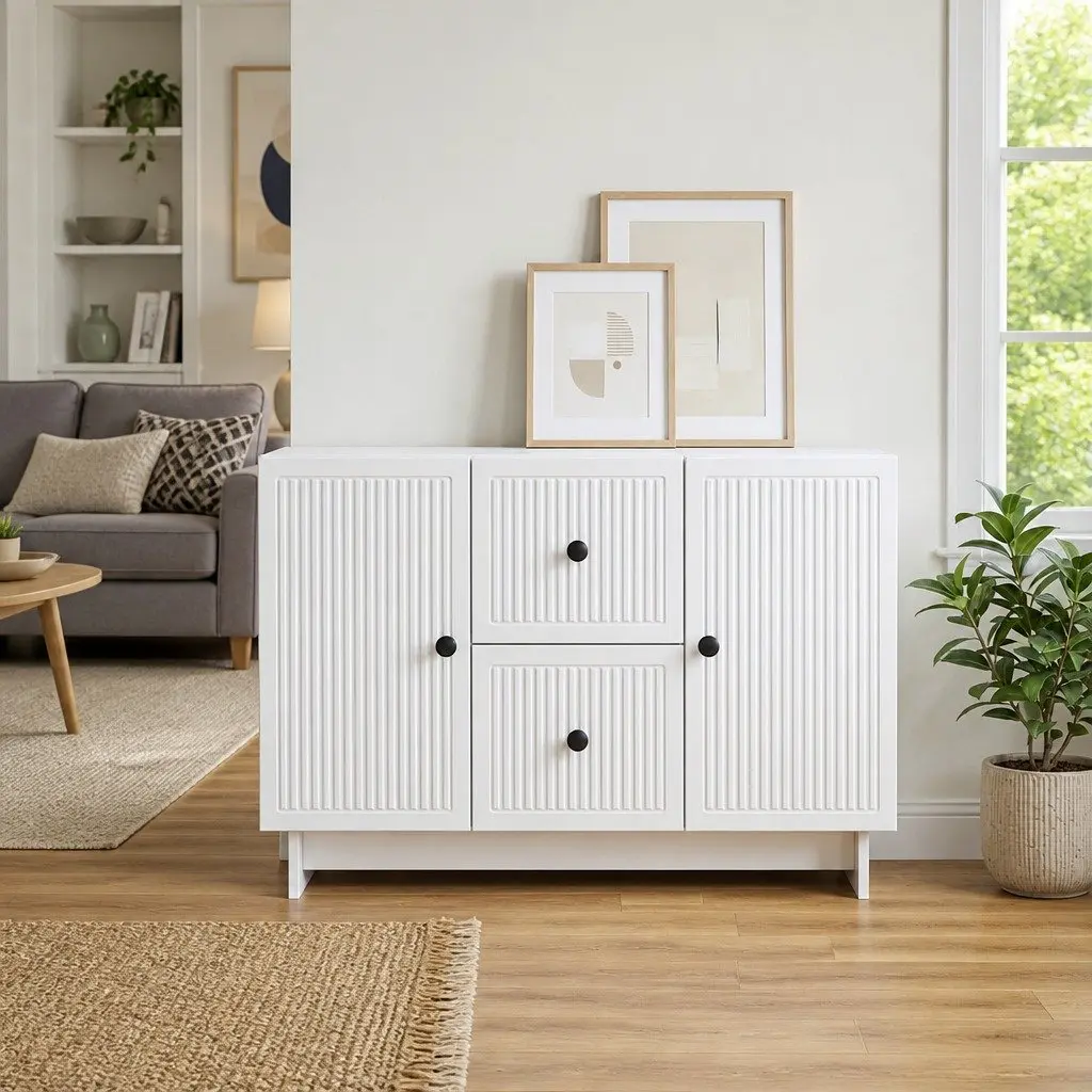 Sideboard White Modern Storage Cabinet with Drawers Shelves Swing Doors 89x34.5x60cm