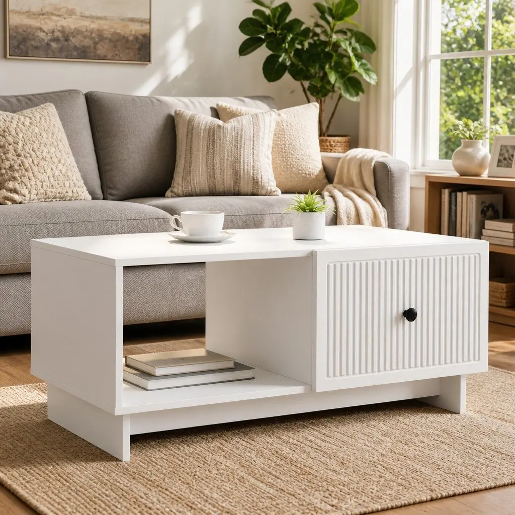 Coffee Table White Rectangular Storage 90 x 50 x 40 cm