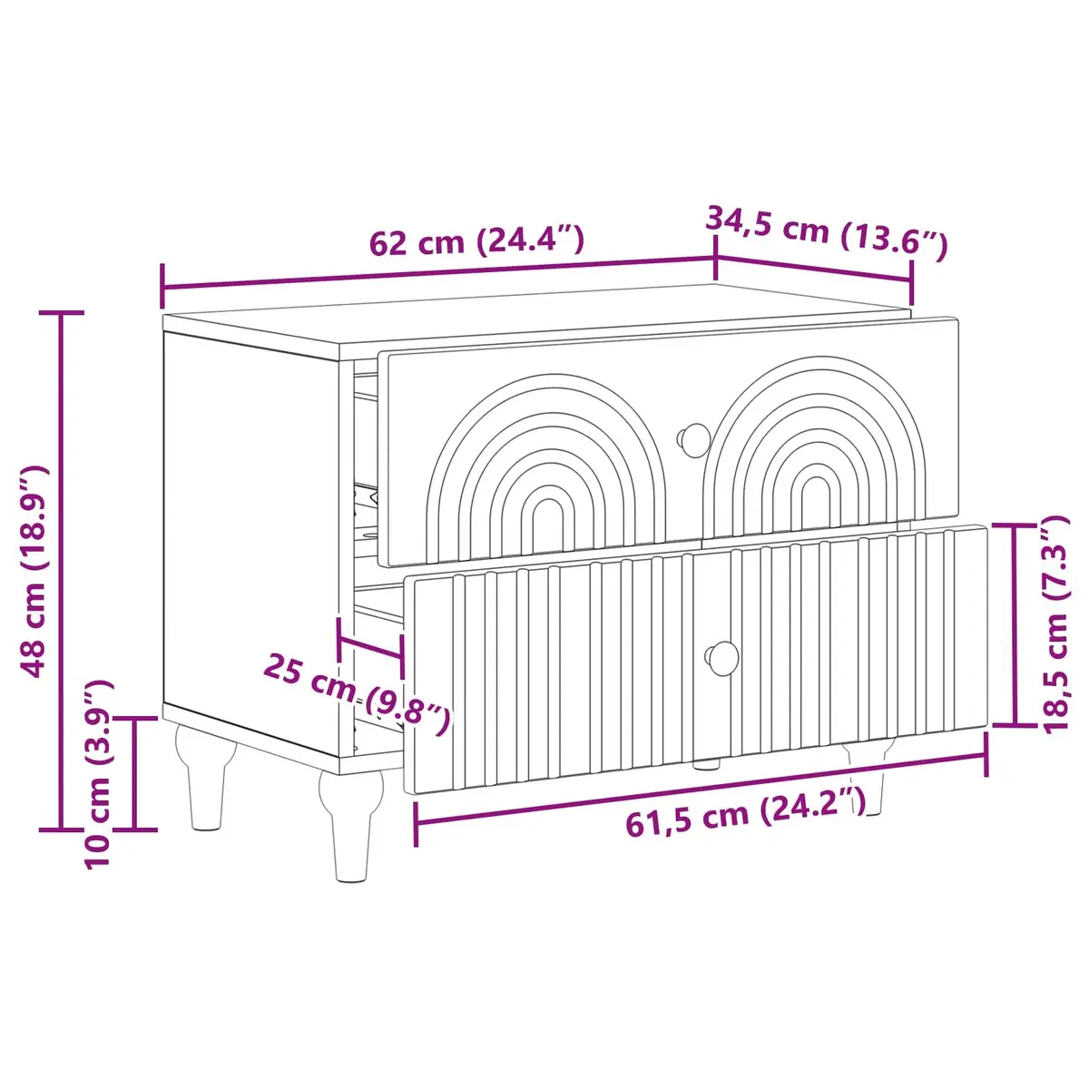 Bedside Cabinet White 62 x 34.5 x 48 cm Modern Storage Table Drawers