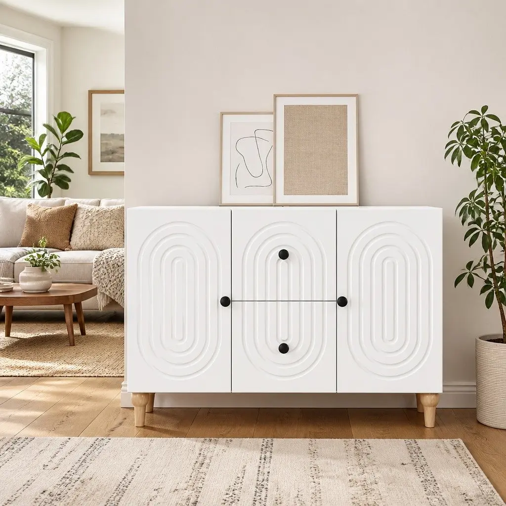 TV Cabinet White Modern Storage Unit with Drawer Engineered Wood Living Room