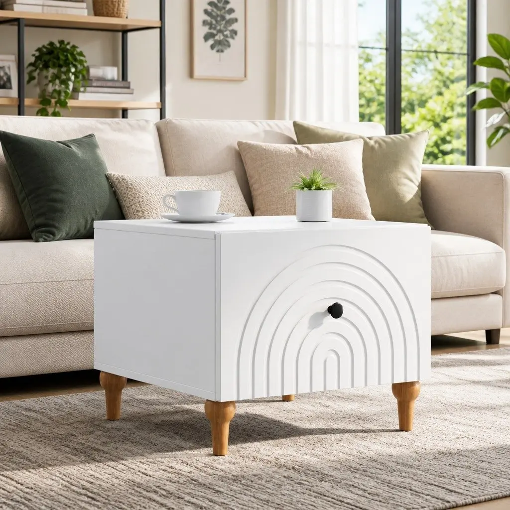 Coffee Table with Drawer Rectangular White Engineered Wood