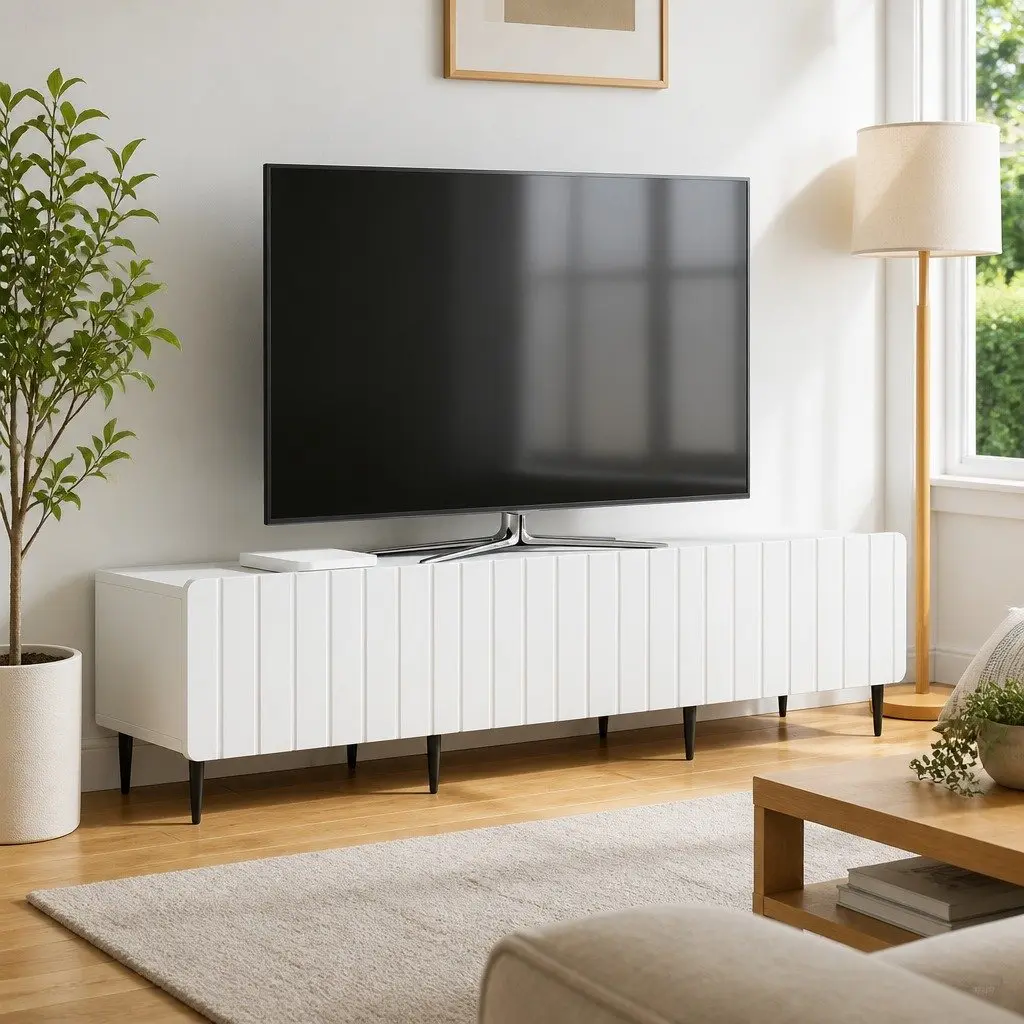 TV Cabinet Modern White Engineered Wood Storage Unit with Drawer 147 x 34.5 x 32 cm