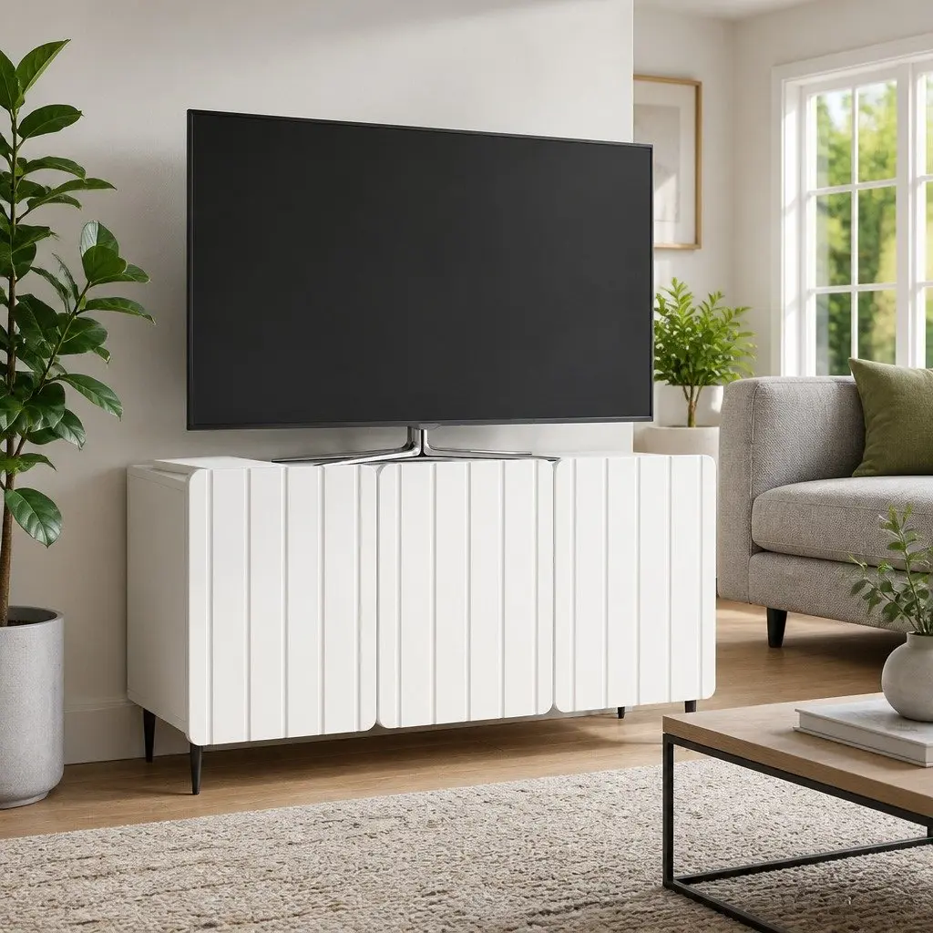 TV Cabinet Modern White Storage Unit Engineered Wood Swing Doors Steel Legs 99x34.5x52cm