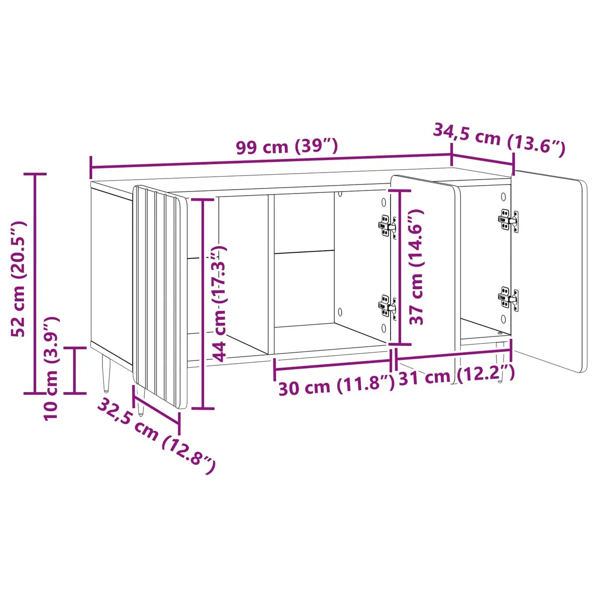 TV Cabinet Modern White Storage Unit Engineered Wood Swing Doors Steel Legs 99x34.5x52cm