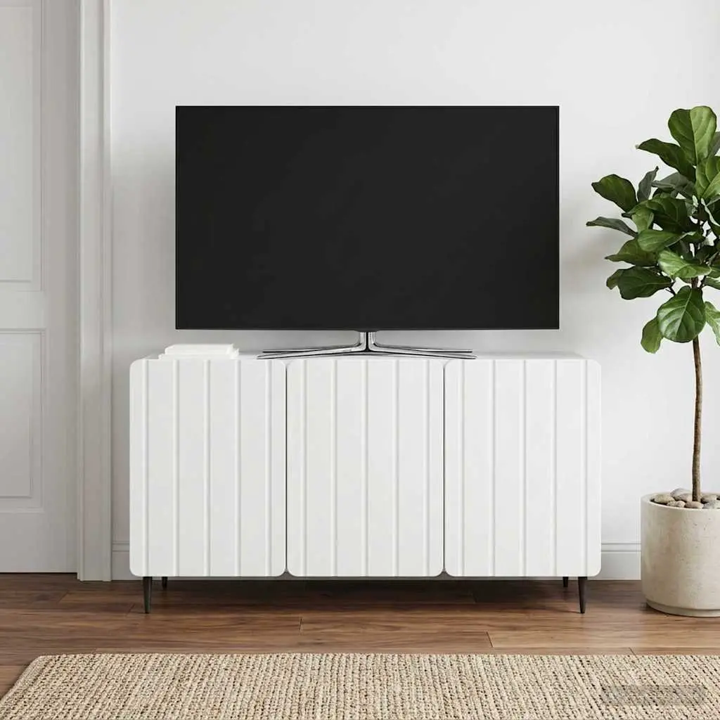 TV Cabinet Modern White Storage Unit Engineered Wood Swing Doors Steel Legs 99x34.5x52cm