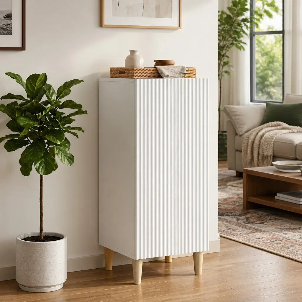 Sideboard Modern White Storage Cabinet Tapered Legs Board Shelves Indoor