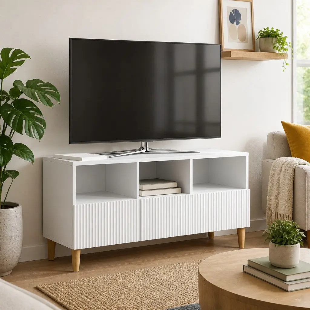 TV Cabinet White Modern Engineered Wood Lounge Storage Unit with Drawer 102 x 34.5 x 50 cm