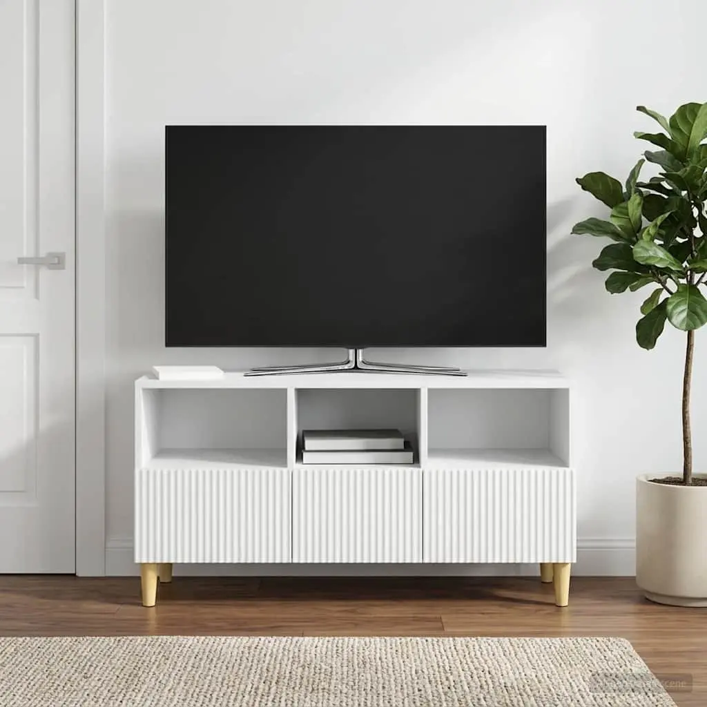 TV Cabinet White Modern Engineered Wood Lounge Storage Unit with Drawer 102 x 34.5 x 50 cm